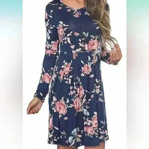 Long Sleeve Floral Print Pleated Casual Swing Tunic T-shirt Dresses,